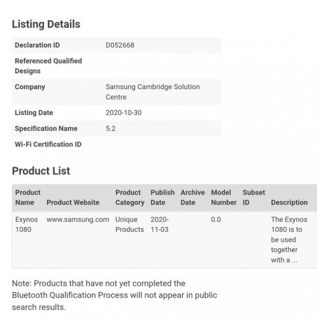 Exynos 1080 Bluetooth certification