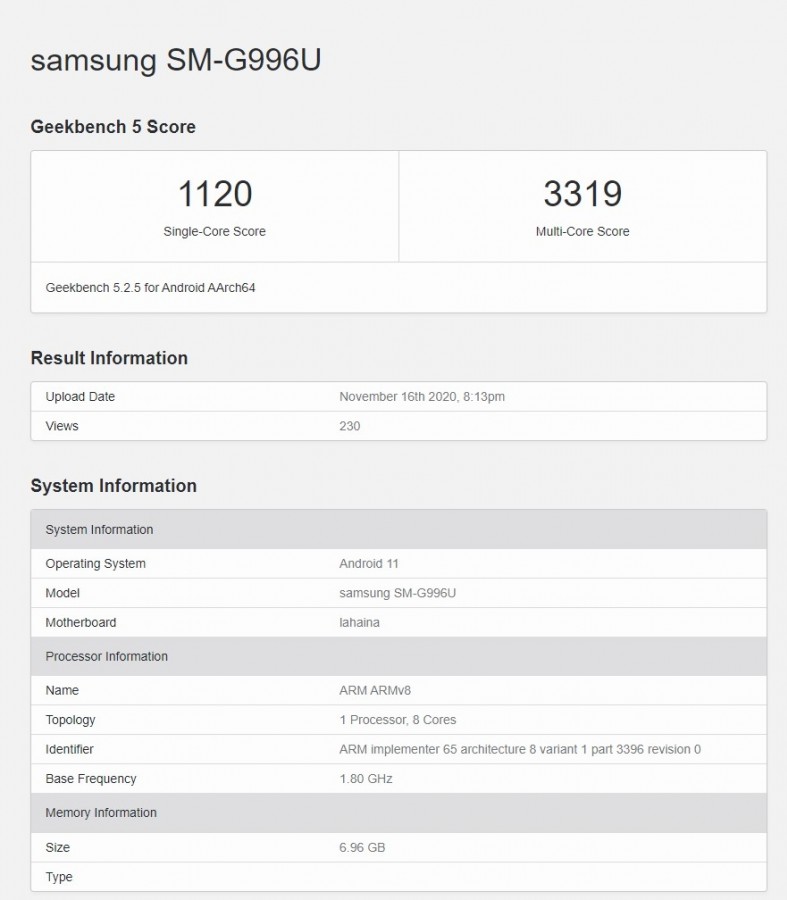 到訪Geekbench：Samsung Galaxy S21 驍龍875版本跑分曝光；被 Exynos 2100 超車？ 1