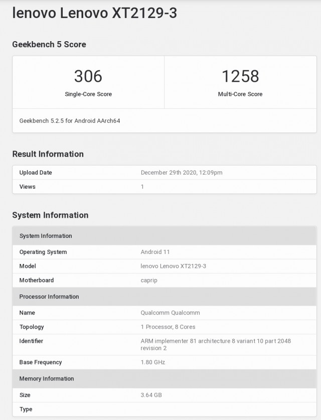 Motorola Capri Plus Geekbench scorecard