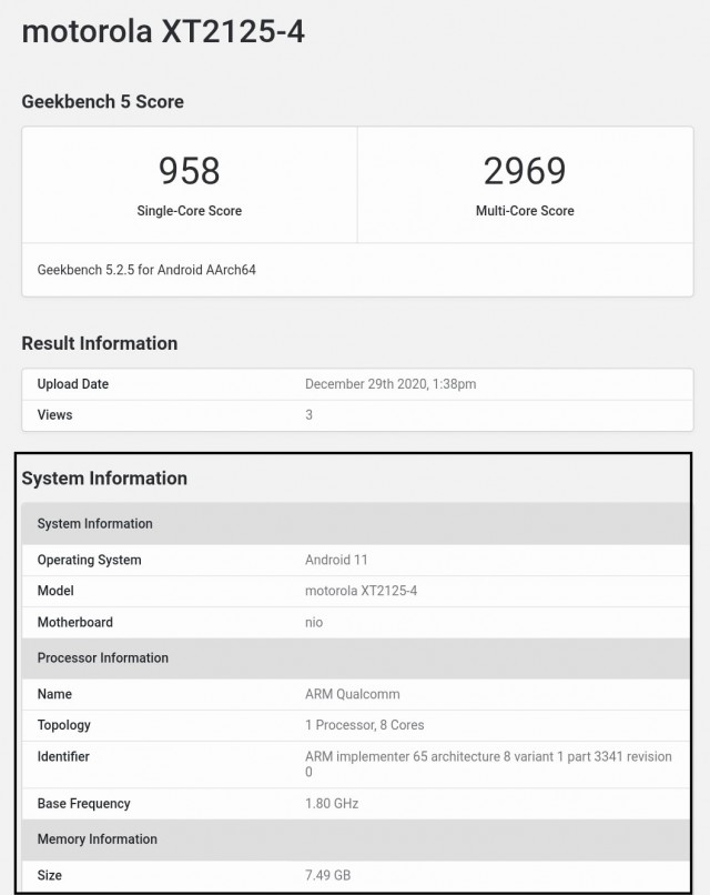 Motorola Nio Geekbench scorecard