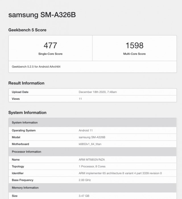 Samsung Galaxy A32 5G Geekbench scorecard
