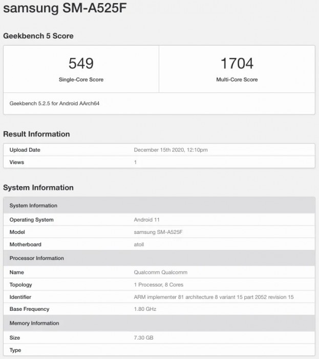 Samsung Galaxy A52 4G passes through Geekbench with Snapdragon 720G