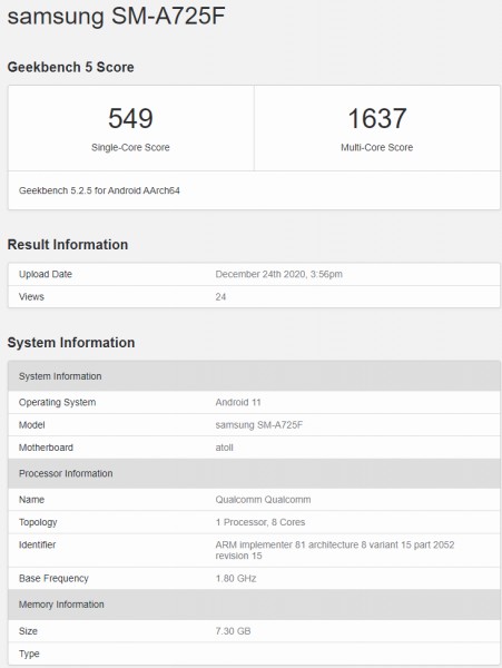 Samsung Galaxy A72 4G appears on Geekbench