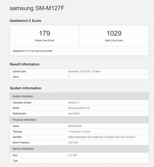 Samsung Galaxy M12 Geekbench run