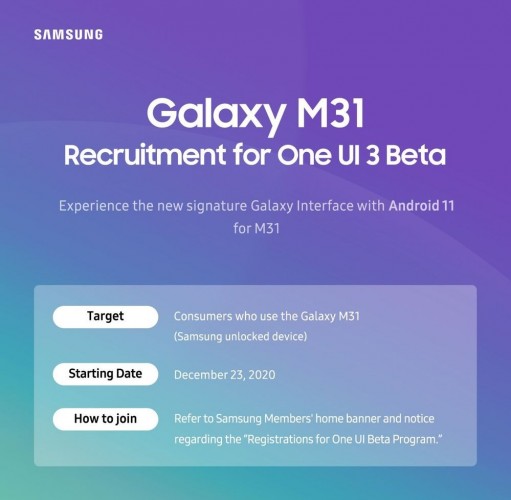 Samsung Announces One Ui 3 0 Beta Program For Galaxy M31 Gsmarena Com News