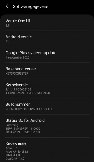 Software info after One UI 3 update on Galaxy Note10+