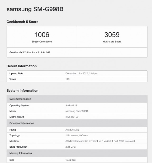 Samsung Galaxy S21 Ultra Avec Exynos 2100 Sur Geekbench