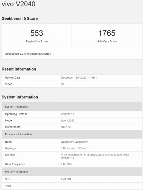 vivo V20 (2021) key specs revealed by Geekbench