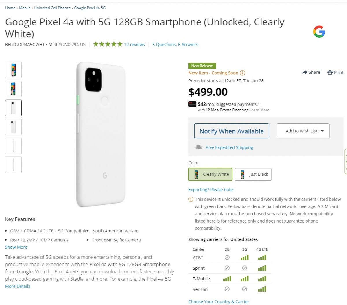 Clearly White unlocked Google Pixel 4a 5G variant arriving to the