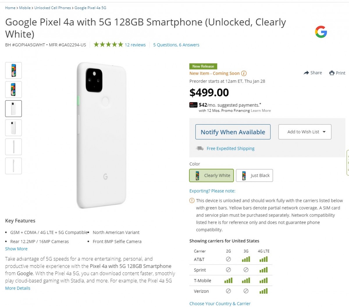 【新品未通電】 Google Pixel 4a（5G）Clealy White