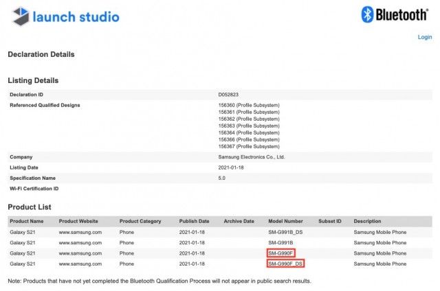 Galaxy S21 4G Bluetooth SIG listing