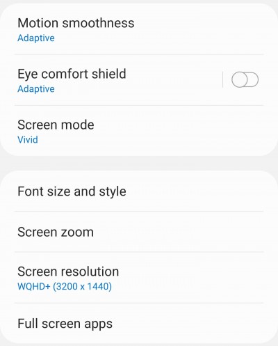 A screenshot from the Galaxy S21 Ultra's settings menu