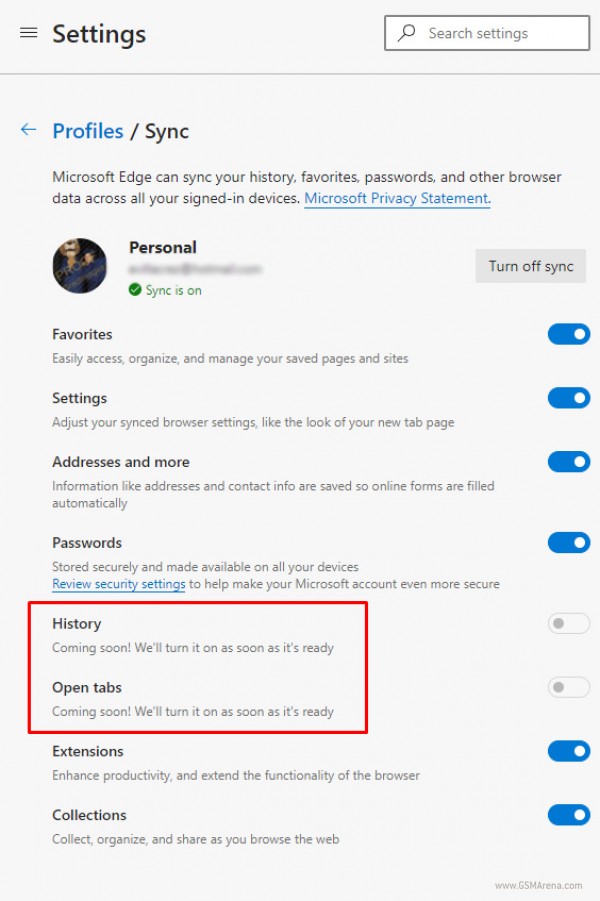 Microsoft Edge sync settings on Windows 10