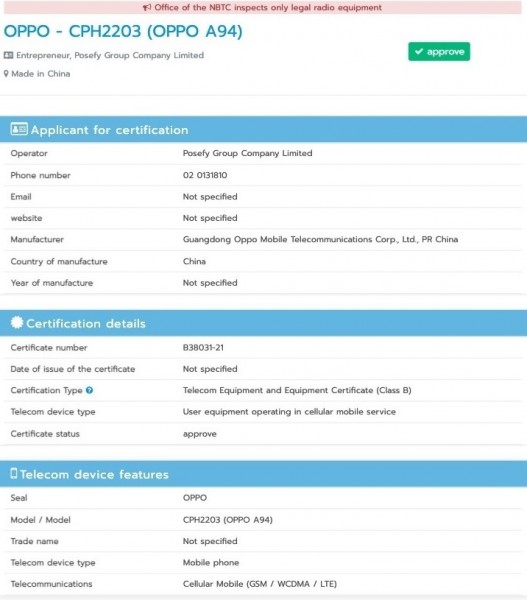 Oppo A94 certified by Thailand's NBTC