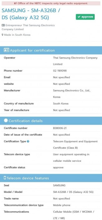 Samsung Galaxy A32 5G certified by NBTC