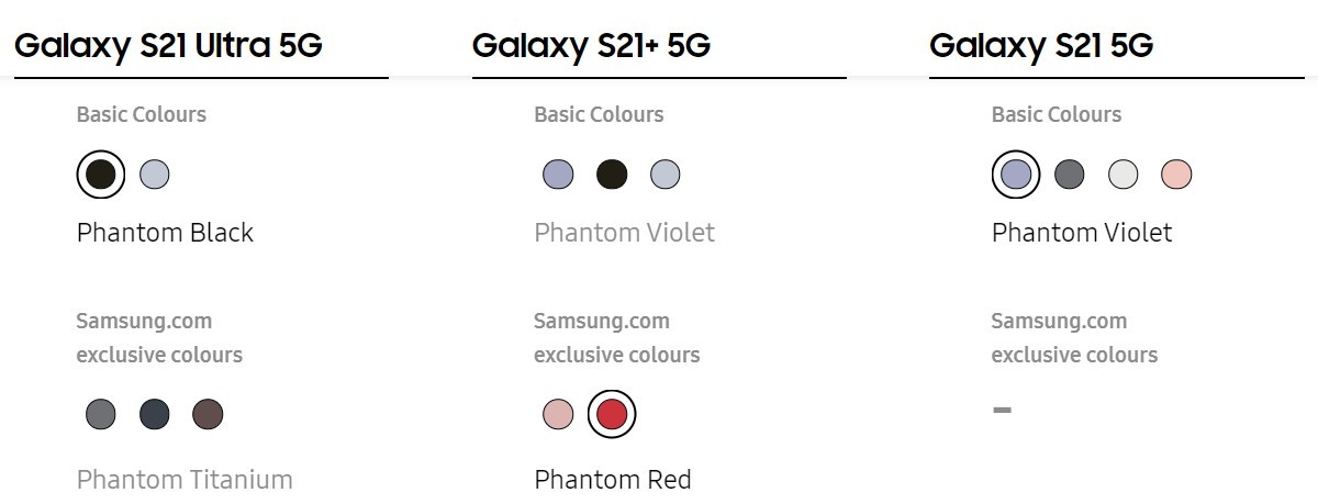 The current selection of basic and exclusive colors for the S21 series