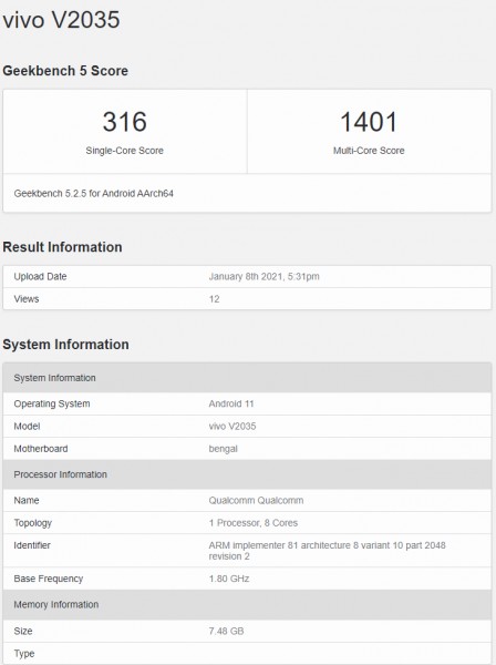 vivo V2035 passes through Geekbench revealing key specs