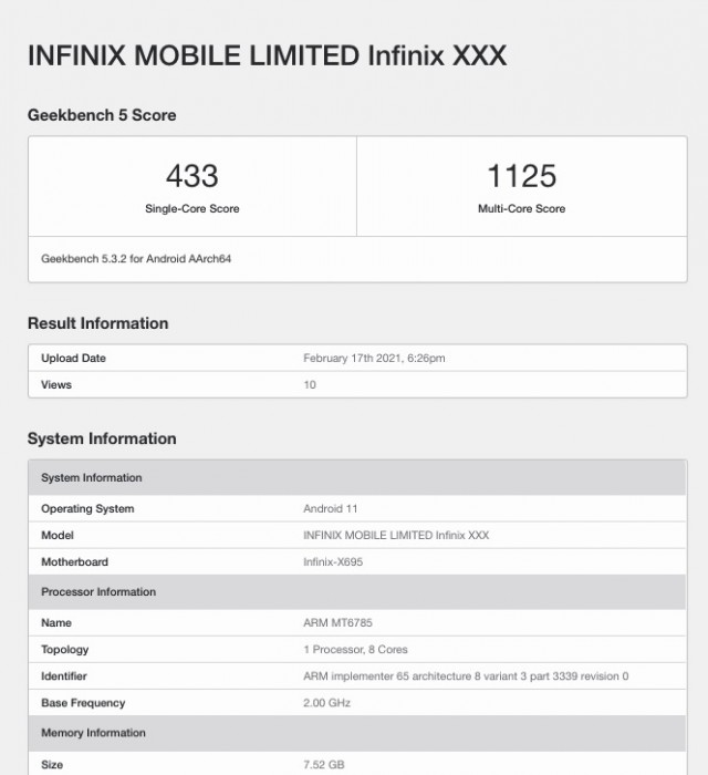 Lista do Infinix Note 10 Pro Geekbench