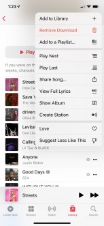 New pop-over menu (<a href="https://www.reddit.com/r/iOSBeta/comments/lla31d/feature_ios_145_beta_2_menus_in_music_are_now/" target="_blank" rel="noopener noreferrer">image credit</a>)