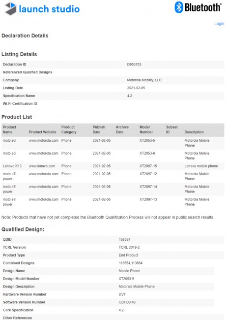 Moto E6i, Moto E7i Power, and Lenovo K13 bag Bluetooth SIG certification