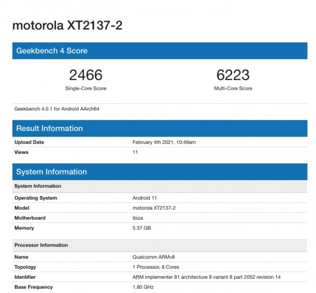 Moto Ibiza Gekbench listing
