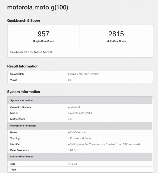 Motorola G100 spotted on Geekbench, expected to be the global Moto Edge S version