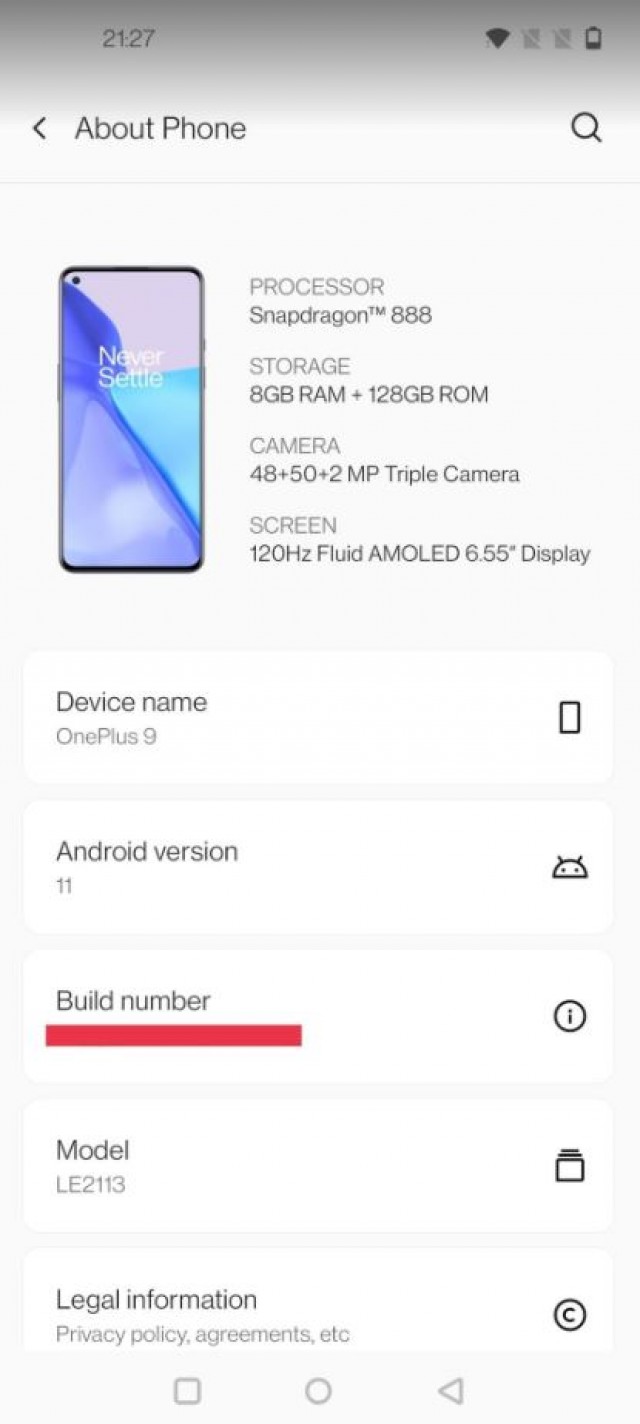 OnePlus 9 About Phone section