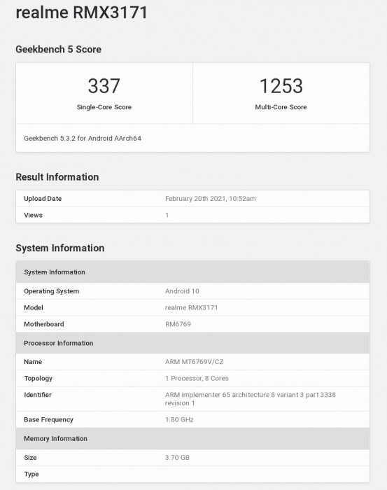 Principais especificações do Realme Narzo 30A reveladas pelo Geekbench