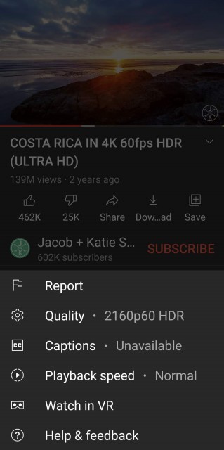 Recém-adicionado opção de reprodução 2160p no aplicativo YouTube