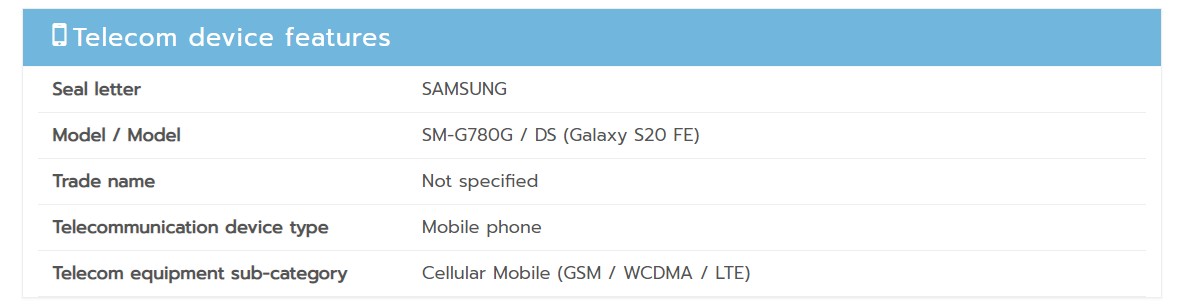 De acordo com o NBTC da Tailândia, o SM-G780G é um telefone 4G apenas, não 5G
