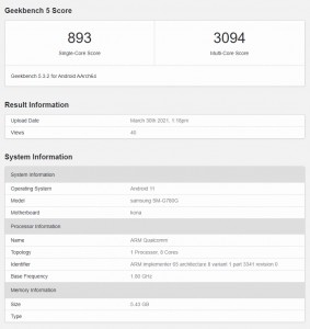 Samsung Galaxy S20 FE (4G but with Snapdragon 865): Geekbench result