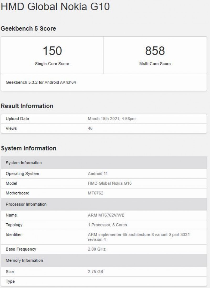 Nokia G10 reveals Helio P22 chip and 3GB of RAM on Geekbench