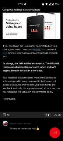 A hotfix is rolling out for OnePlus Nords Android 11 update (<a href="https://forums.oneplus.com/threads/oxygenos-11-1-1-1-for-the-oneplus-nord.1402283/page-3#post-22871767" target="_blank" rel="noopener noreferrer">image credit</a>)