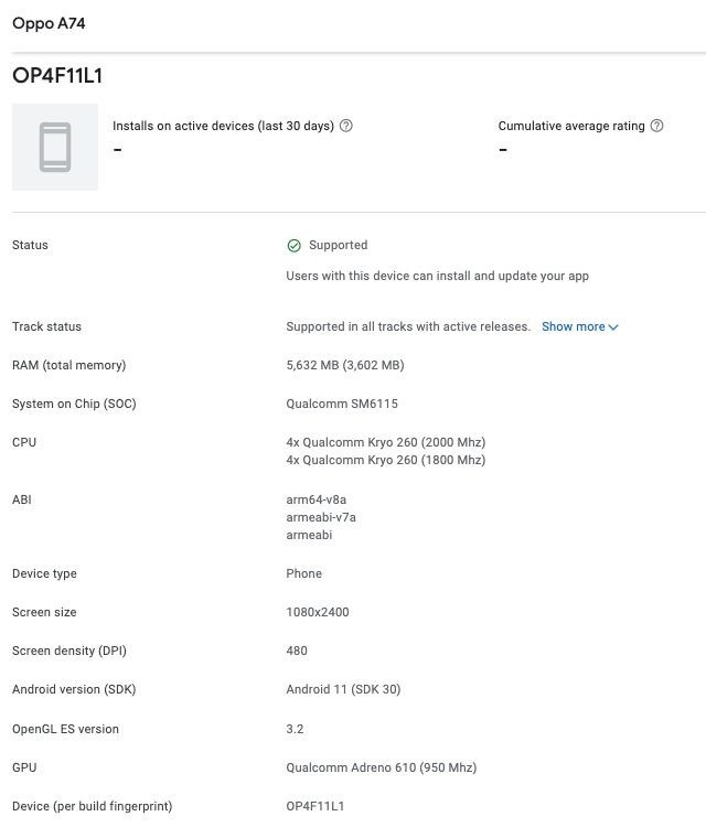 Oppo A74 4G Google Play Console listing