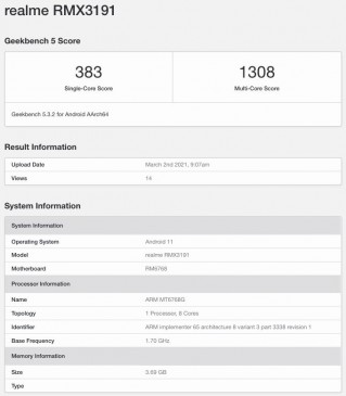 Realme C25 NBTC and Geekbench listings