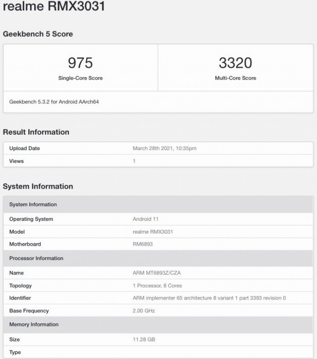 Realme GT Neo on Geekbench