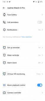 Realme Watch S Pro data and settings in Realme Link app