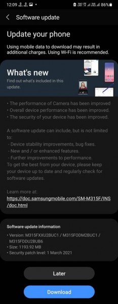 Samsung Galaxy M31 One UI 3.1 update