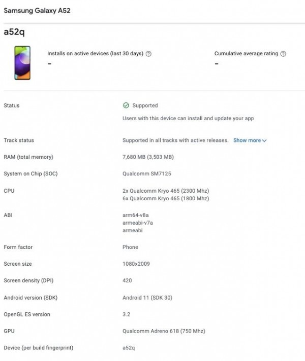 Samsung Galaxy A52 4G aparece na lista do console do Google