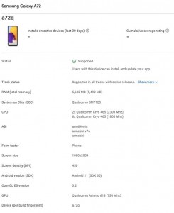 Samsung Galaxy A72 4G: image and specs from the Google Play Console