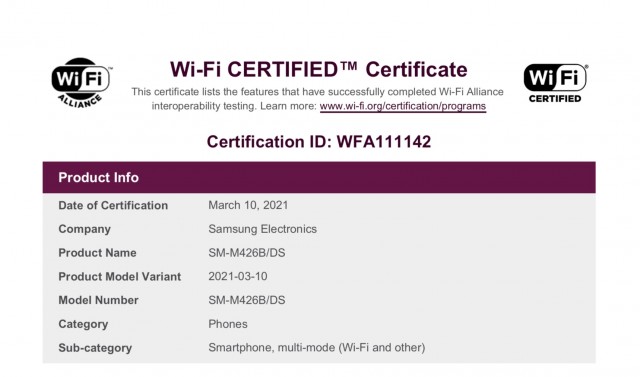 Samsung Galaxy M42 Wi-Fi certification