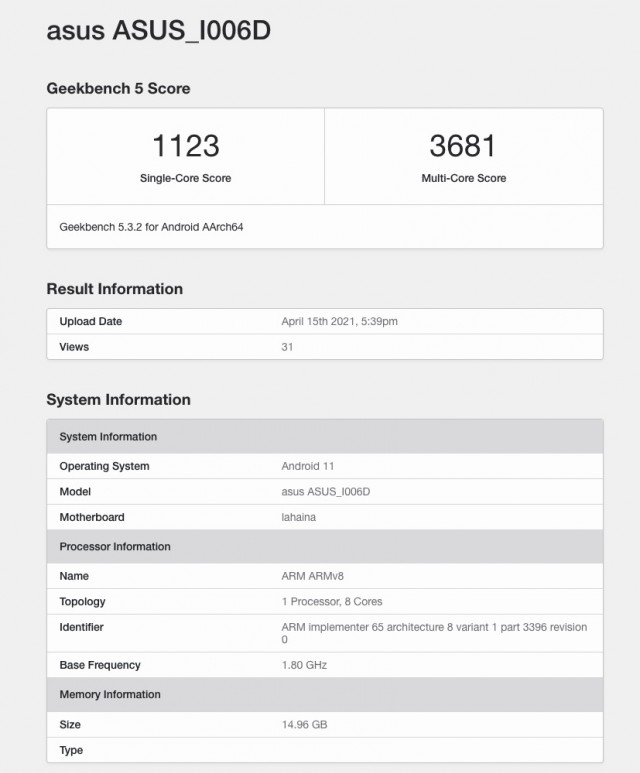 Cartão de pontuação do Asus I006D Geekbench