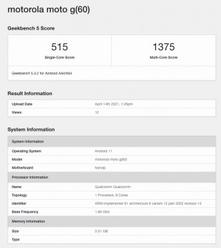 Listagens de Motorola Moto G60 e Moto G40 Geekbench