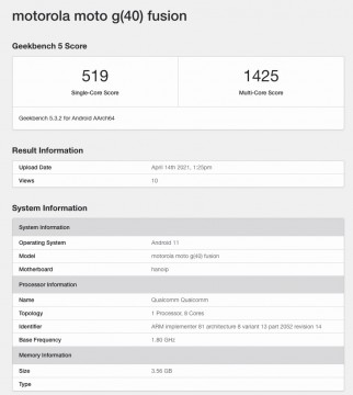 Motorola Moto G60 and Moto G40 Geekbench listings