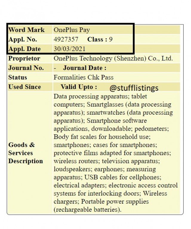 OnePlus Pay trademark listing