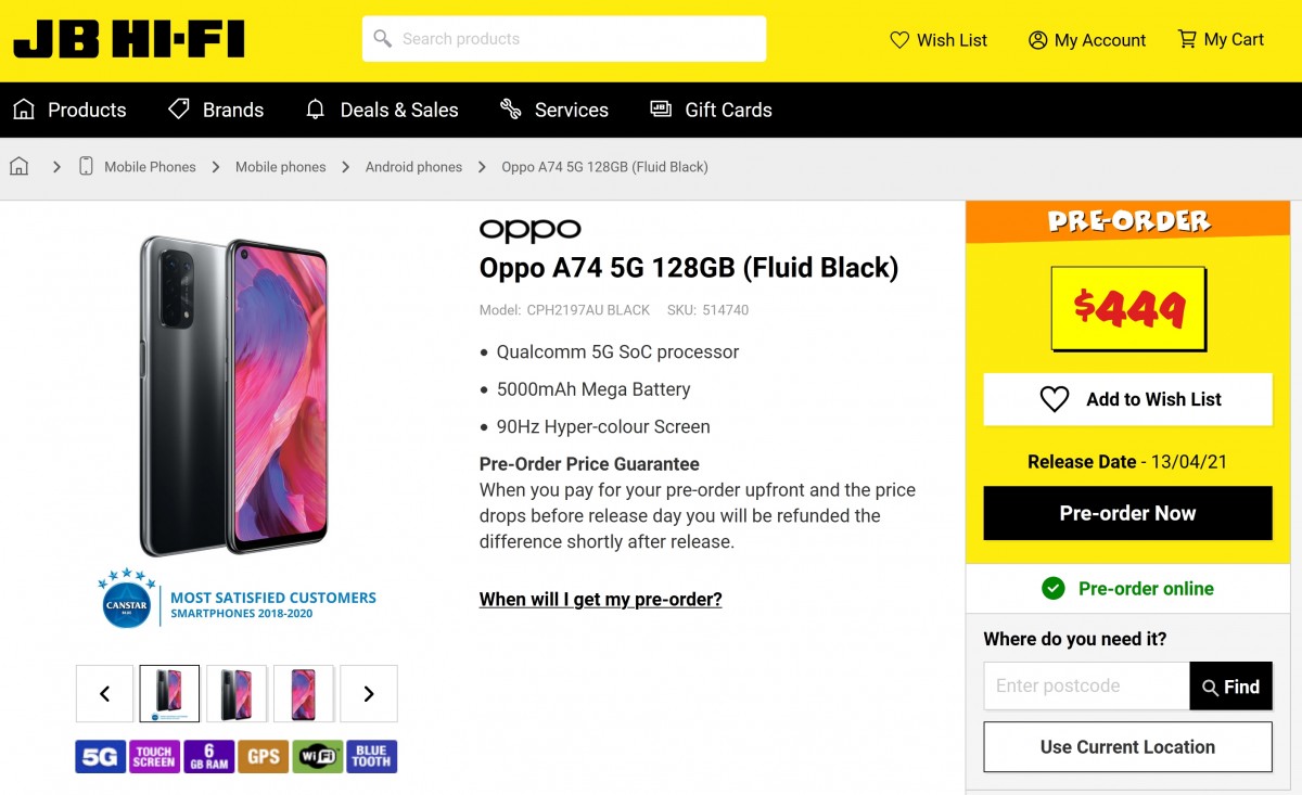 Oppo A74 5G store listing features a 90Hz LCD display, and a quad camera setup and 0 price tag