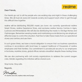 Realme will be distributing free masks to help people stay safe