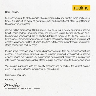 O Realme distribuirá máscaras gratuitas para ajudar as pessoas a se manterem seguras