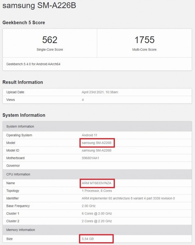 galaxy a22 geekbench