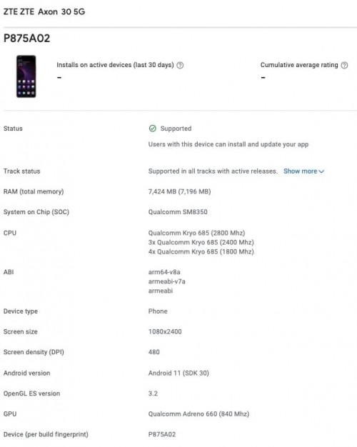 ZTE Axon 30 5G appears in Google Play Console listing and Geekbench